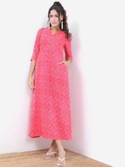 VISHUDH - Pink Bandhani Printed A-Line Maxi Dress