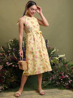 VISHUDH - Yellow Floral Printed Halter Neck Tie Ups Detail A-Line Midi Dress