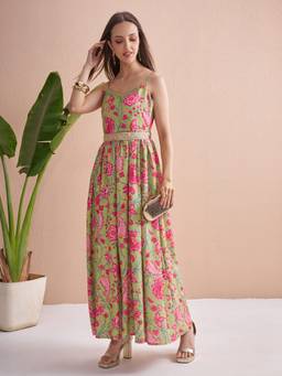 VISHUDH - Women Floral Printed Fit and Flare Green Maxi Dress