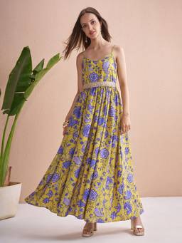 VISHUDH - Women Floral Printed Shoulder Straps Fit and Flare Mustard Maxi Dress