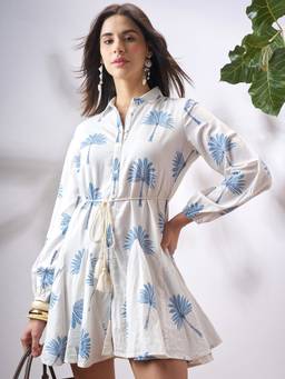 VISHUDH - Tropical Print Shirt White Mini Dress