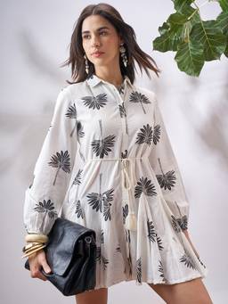VISHUDH - Tropical Print Fit and Flare White Mini Dress