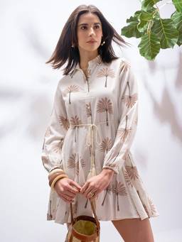 VISHUDH - Tropical Print Fit and Flare White Mini Dress