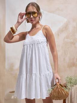 VISHUDH - Embroidered A-Line White Mini Dress