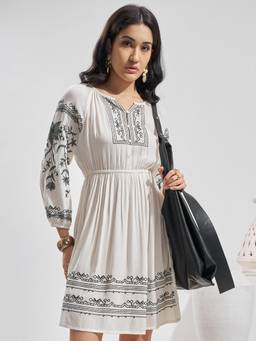 VISHUDH - Embroidered Fit and Flare Off White Mini Dress