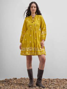 VISHUDH - Floral Embroidered A-Line Yellow Mini Dress