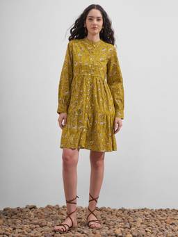VISHUDH - Floral Print A-Line Yellow Mini Dress