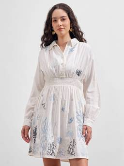 VISHUDH - Ethnic Motifs Embroidered A-Line Off White Mini Dress