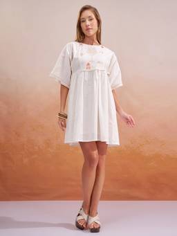 VISHUDH - Ethnic Motifs Embroidered A-Line White Mini Dress