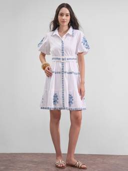 VISHUDH - Floral Embroidered Puff Sleeve A-Line White Mini Dress