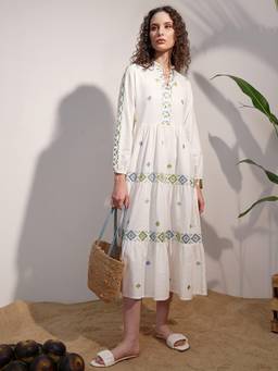 VISHUDH - Women Etnic Motifs Embroidered Puff Sleeve A-Line White Midi Dress