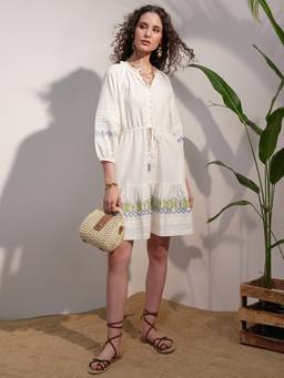 VISHUDH - Women Embroidered Tie-Up Detail Puff Sleeve A-Line White Mini Dress