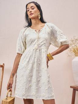 VISHUDH - Floral Embroidered Cotton A-Line White Mini Dress