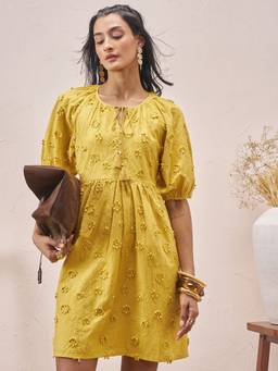 VISHUDH - Floral Applique Tie-Up Neck Cotton Fit and Flare Yellow Mini Dress