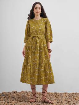 VISHUDH - Floral Print A-Line Yellow Midi Dress