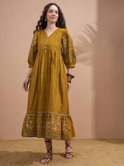 VISHUDH - Floral Print Puff Sleeve A-Line Yellow Maxi Dress