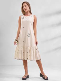 VISHUDH - Floral Embroidered A-Line Off White Midi Dress