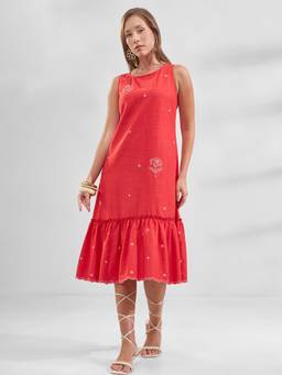 VISHUDH - Floral Embroidered Ruffled A-Line Red Midi Dress