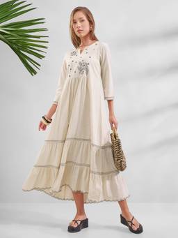 VISHUDH - Floral Embroidered A-Line Off White Midi Dress