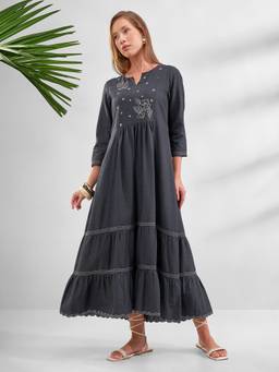 VISHUDH - Floral Embroidered Black Midi Dress