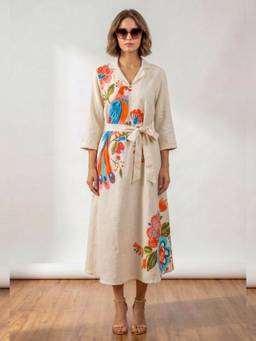 M MARCH LABEL - Women's Off White Cotton Floral A-Line Dress with Belt