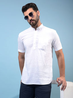CRIMSOUNE CLUB - Men White Textured Linen Short Kurta