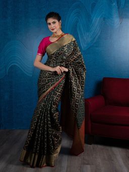 Beatitude - Green Gold-Toned Zari Silk Blend Patola Saree with Unstitched Blouse