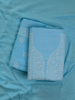 Seva Chikan - Blue Cotton Embroidered Lucknowi Chikankari Unstitched Dress Material (Set of 3)