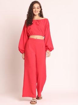 AOBA - Women Red Polyester Textured Top with Palazzo