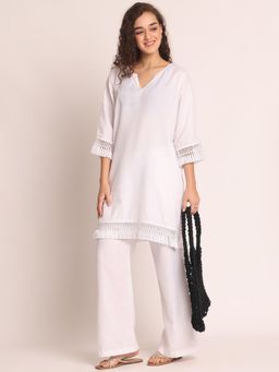 AOBA - White Notch Neck Linen Top & Palazzos Co-ord Set