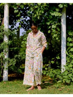 Farm Loom - Women White Pure Cotton Floral Shirt with Pant