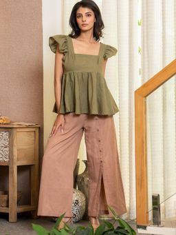 HOUSE OF JAMOTI - Women Green Linen Blend Solid Top with Pant