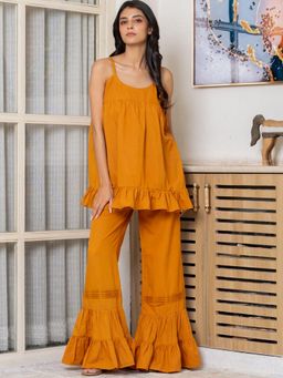 HOUSE OF JAMOTI - Women Mustard Linen Solid Top with Palazzo