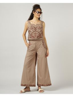 Sands of India - Women Brown Cotton Embroidered Top with Palazzo