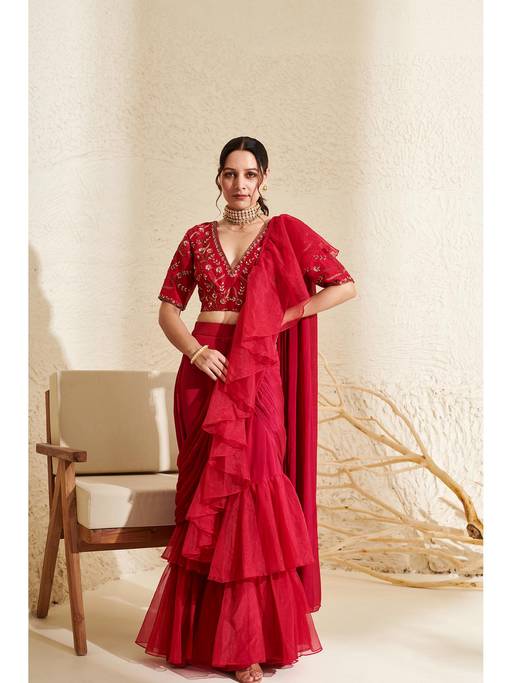 Red Ruffle Saree Buy Ruffled Sarees Online Featuring Unique and Trendy Styles In India