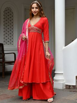 Lavanya The Label - Red Cotton Embroidered Palazzo (Set of 3)