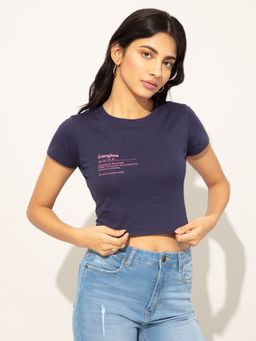 Twenty Dresses by Nykaa Fashion - Navy Blue Printed Round Neck Short Sleeves T Shirt