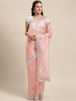 Vastranand - Pink & Grey Ethnic Motifs Embroidered Organza Party Wear Saree with Unstitched Blouse