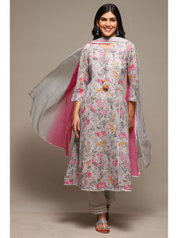 Biba - Womens Grey Printed Poly Georgette Kalidar Suit (Set of 3)
