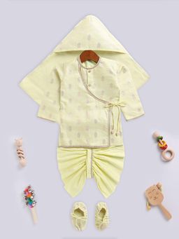 Vastramay - Boys Yellow Silk Blend Ethnic Kurta with Dhoti & Swaddle (Set of 4)