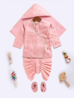 Vastramay - Boys Pink Silk Blend Ethnic Kurta with Dhoti & Swaddle (Set of 4)
