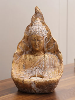 HomeTown - Zen Polyresin Gold Leaf Buddha Figurine in White-Gold Colour