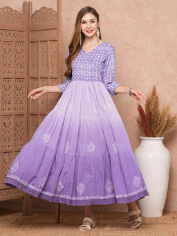 FASHOR - Printed Ombre Dyed Embellished Tiered Maxi Dress - Purple