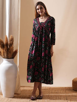 FASHOR - Floral Printed and Embroidered Pleated Midi Dress - Green