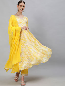 ISHIN - womens Yellow Zari Embroidered Tie & Dye Anarkali Kurta Trouser Dupatta (Set of 3)
