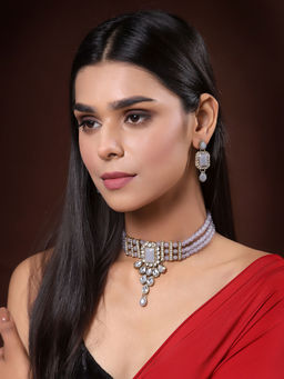 PANASH - Gold-Plated Grey White Kundan Studded Beaded Vilandi Necklace with Earrings (Set of 2)