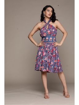 Aarke Ritu Kumar - Blue Printed Halter Neck Short Dress