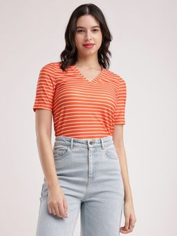 FableStreet - Orange and White Striped Knitted T-Shirt