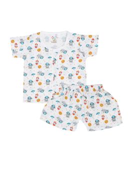 Smiley Buttons - White Printed Comfortable Fit Jabla and Shorts (Set of 2)