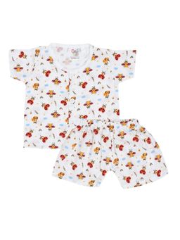 Smiley Buttons - White Printed Comfortable Fit Jabla and Shorts (Set of 2)